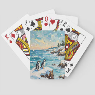 Vintage-Pinguine auf schneebedeckter Küstenweihnac Spielkarten
