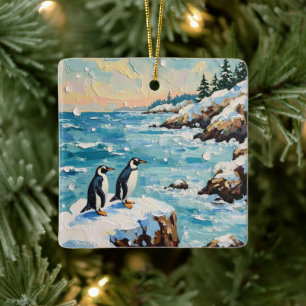 Vintage-Pinguine auf schneebedeckter Weihnachtskli Keramikornament