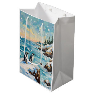 Vintage-Pinguine auf schneebedeckter Weihnachtskli Mittlere Geschenktüte