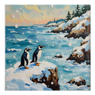 Vintage-Pinguine auf schneebedeckter Weihnachtskli Poster