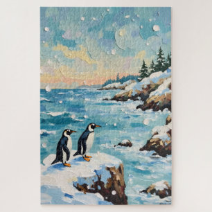 Vintage-Pinguine auf schneebedeckter Weihnachtskli Puzzle