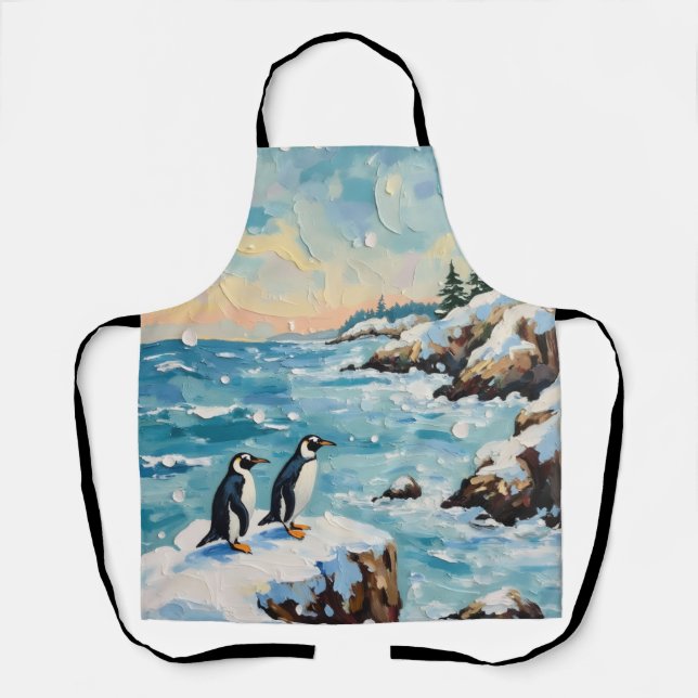 Vintage-Pinguine auf schneebedeckter Weihnachtskli Schürze (Vorderseite)