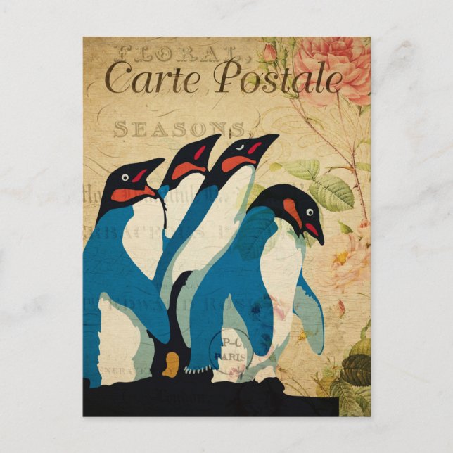 Vintage Pinguine Floral Blume Französisch Postkarte (Vorderseite)