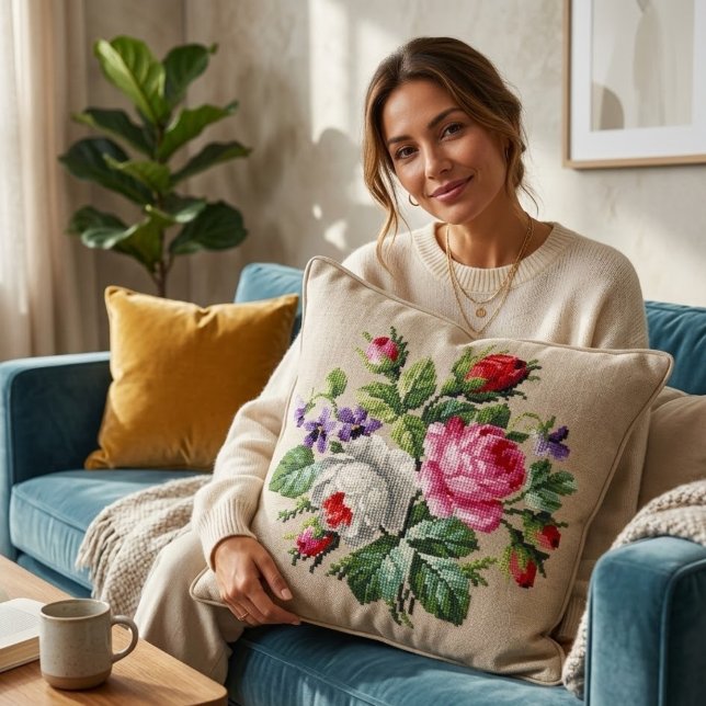 Vintage Pink and WhiteFloral Cross Stitch Kissen (Von Creator hochgeladen)