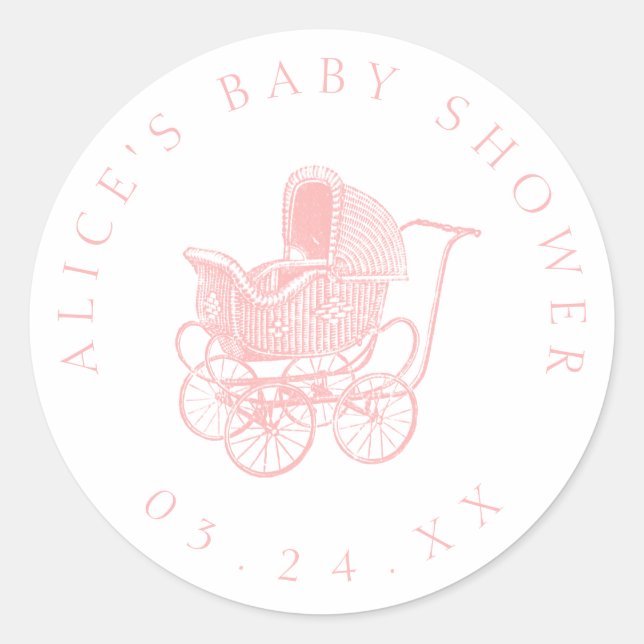 Vintage Pink Baby Carriage Baby Dusche Runder Aufkleber (Vorderseite)