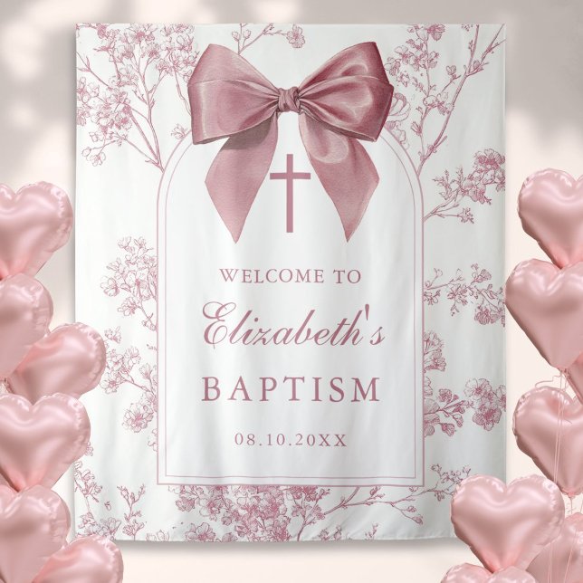 Vintage Pink Bow Baptism Photo Backdrop Wandteppich (Vintage Pink Bow Baptism Photo Backdrop)