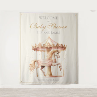 Vintage Pink Carousel Horse Baby Shower Welcome Wandteppich