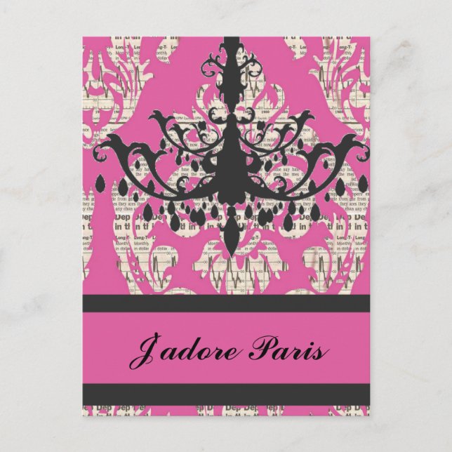 Vintage Pink Damask Kronleuchter Partymode Postkarte (Vorderseite)