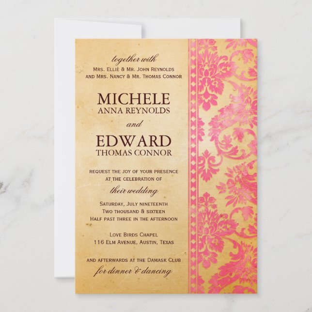 Vintage Pink Damask Lace Hochzeit Einladung (Vorderseite)