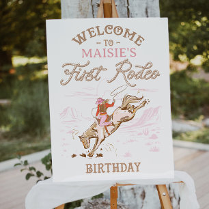 Vintage Pink First Rodeo Geburtstags-Willkommenssc Fotodruck