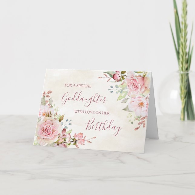 Vintage Pink Floral Goddaughter Birthday Card Dankeskarte (Vorderseite)