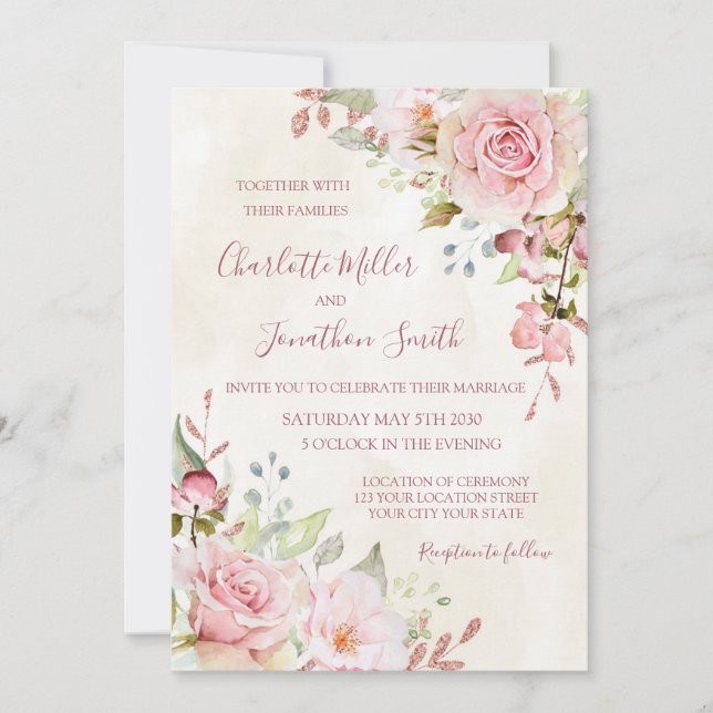 Vintage Pink Floral Spring Wedding Invitations Einladung (Vorderseite)