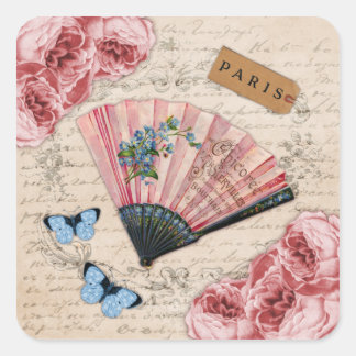 Vintage Pink Französischer Fan Quadratischer Aufkleber