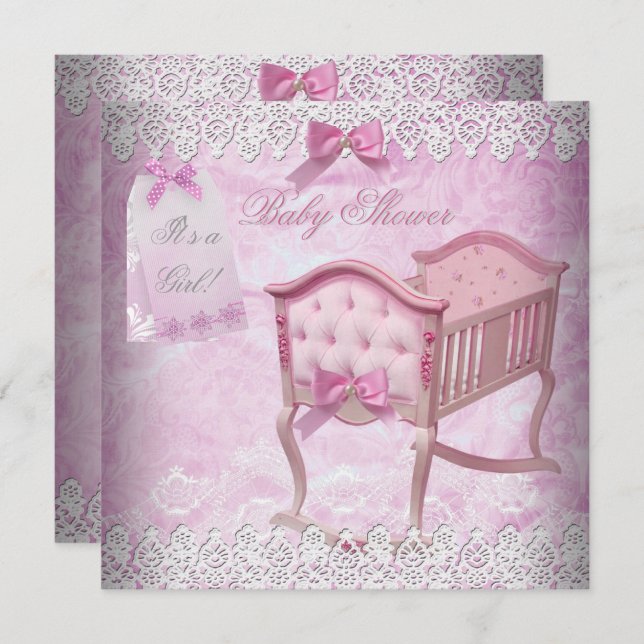 Vintage Pink Girl Baby Duschkabine Einladung (Vorne/Hinten)