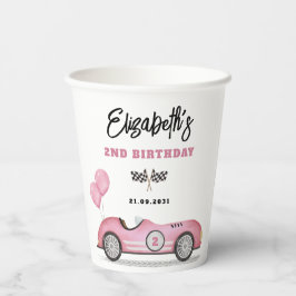 Vintage Pink Race Car Zwei Fast Girl Geburtstagspa Pappbecher