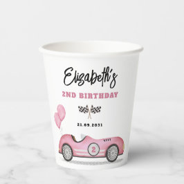 Vintage Pink Race Car Zwei Fast Girl Geburtstagspa Pappbecher