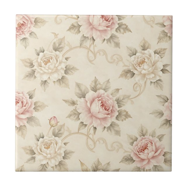 Vintage Pink Rose Damask Floral Pattern Fliese (Vorderseite)