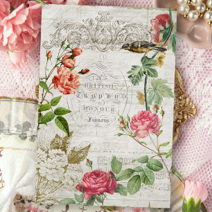 Vintage Pink Rose & Typography Ephemera Decoupage Seidenpapier