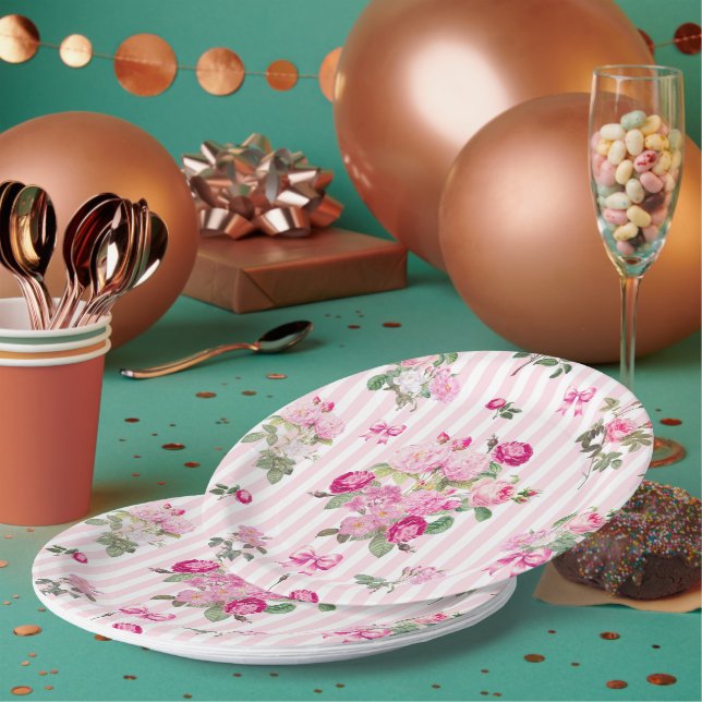 Vintage Pink Roses Coquette Bow  Stripes    Pappteller (Multi)