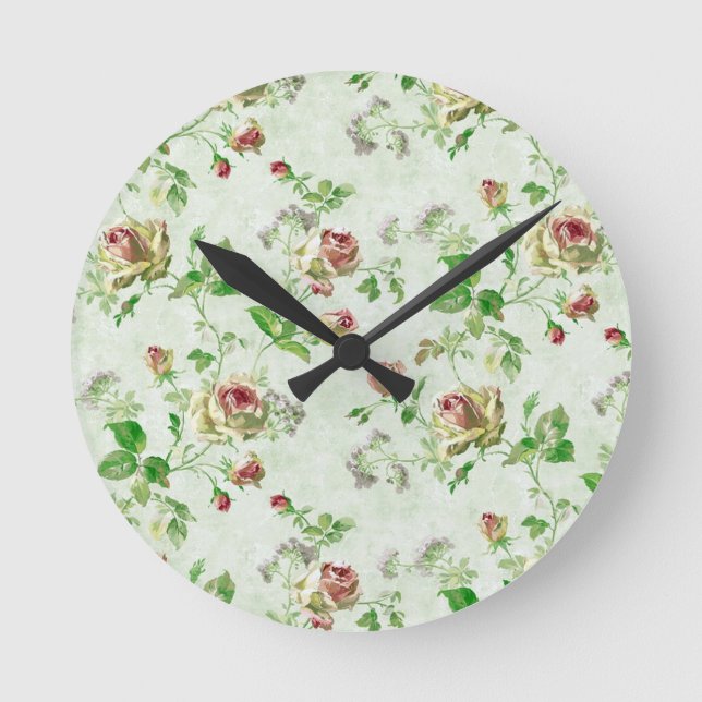 Vintage Pink Roses Floral Pattern Runde Wanduhr (Vorderseite)