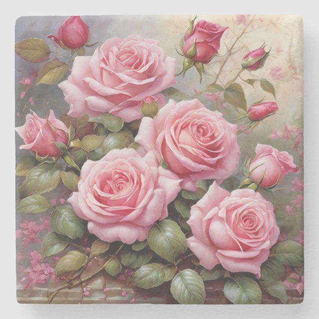 Vintage Pink Roses Steinuntersetzer (Vorderseite)