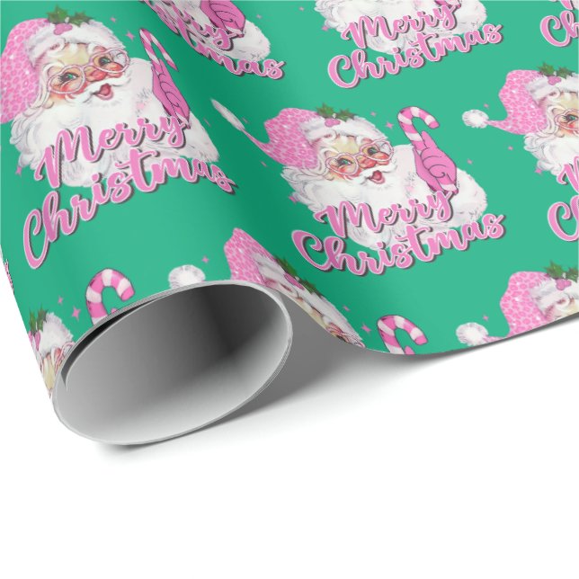 Vintage Pink Santa Merry Christmas Green Geschenkpapier (Rolleneckpunkt)