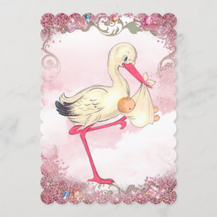 Vintage Pink Stork Baby Dusche Einladung