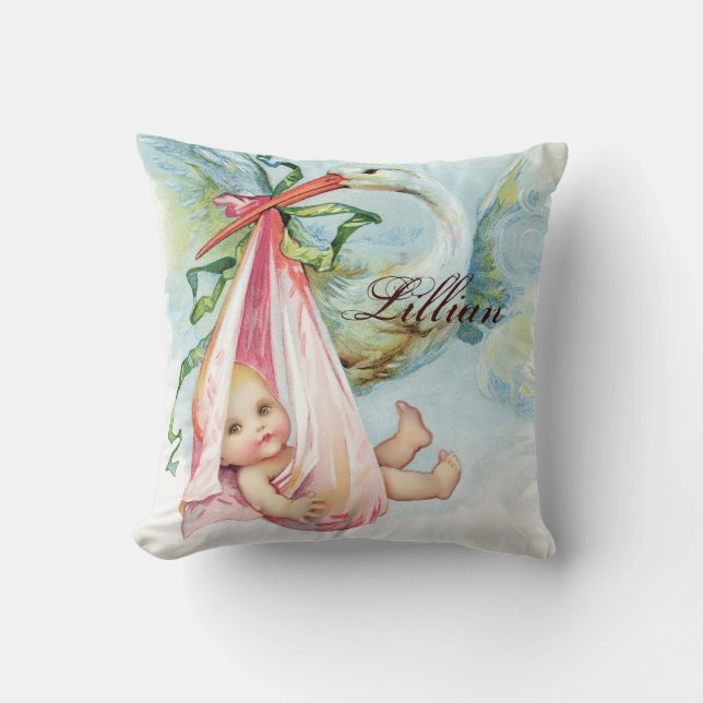 Vintage Pink Stork Baby Kinderzimmer Pillows Kissen (Vorderseite)