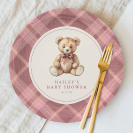 Vintage Pink Tartan Teddy Bear Baby Shower Pappteller