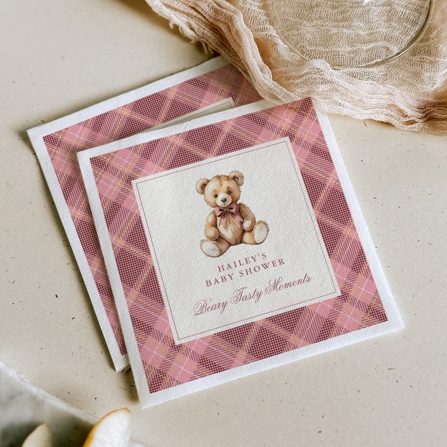 Vintage Pink Tartan Teddy Bear Baby Shower Serviette (Von Creator hochgeladen)