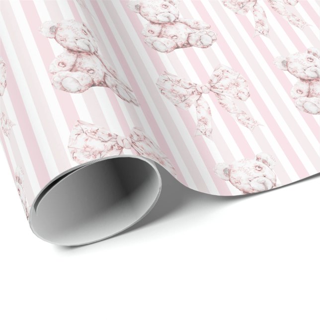 Vintage Pink Toile & Stripes Girl Babydusche Geschenkpapier (Rolleneckpunkt)