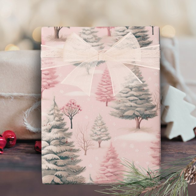 Vintage Pink und grüne Weihnachtskiefern Geschenkpapier (Vintage Pink And Green Christmas Pine Trees Wrapping Paper)