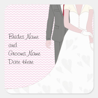 Vintage Pink Wedding Bride and Groom Quadratischer Aufkleber
