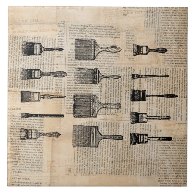 Vintage Pinsel Paint Brush Zeitung Print Fliese (Vorderseite)