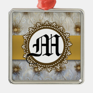 Vintage-Pintuck-Stoff-Monogramm-Initial-Ornament Silbernes Ornament