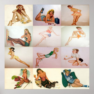 Vintage Pinup Collage - 12 wunderschöne Girls in 1 Poster
