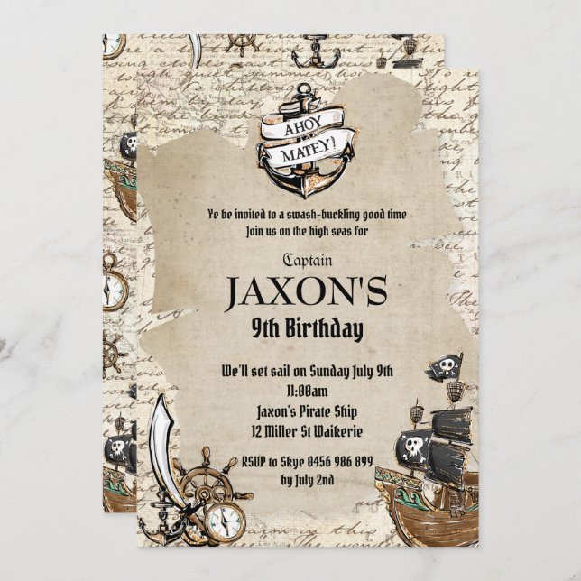 Vintage Pirate Birthday Party Ahoy Matey Alte Kart Einladung (Vorne/Hinten)