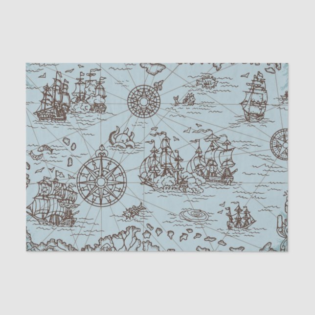 Vintage Pirate Treasure Karte Nautical Blue Seidenpapier (Vorderseite)