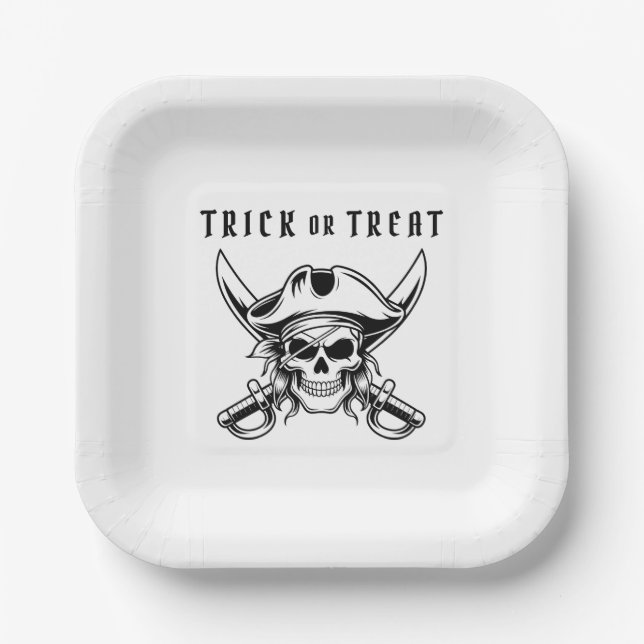 Vintage-Piratenschädel-Süßes-oder-Saures-Halloween Pappteller (Vorderseite)
