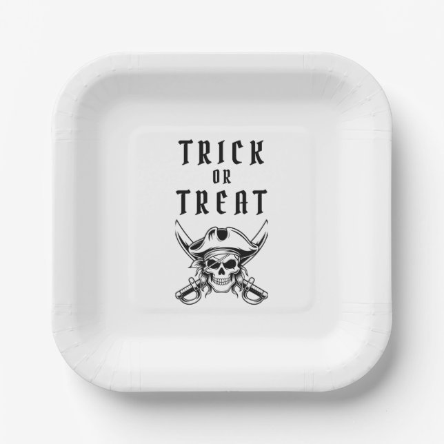 Vintage-Piratenschädel-Süßes-oder-Saures-Halloween Pappteller (Vorderseite)
