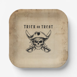 Vintage-Piratenschädel-Süßes-oder-Saures-Halloween Pappteller