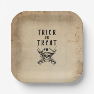 Vintage-Piratenschädel-Süßes-oder-Saures-Halloween Pappteller