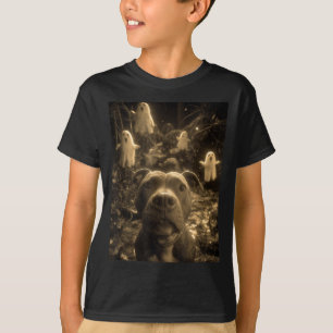 Vintage Pit Bull Selfie Geister Verlassener Wald T-Shirt