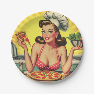 Vintage-Pizza-Mädchen Pappteller
