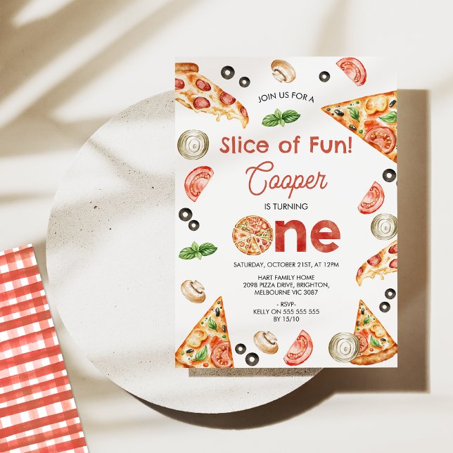 Vintage Pizzaausschnitt am 1. Geburtstag Einladung (Slice Of Fun Pizza 1st Birthday Invitation Baby Boy, Pizza Parlor Invite, First Birthday Pizza Party)