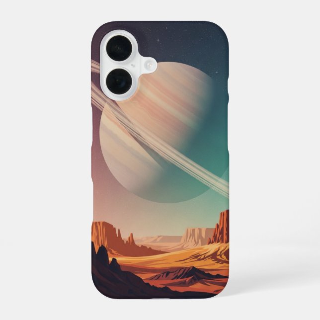 Vintage Planet hinter den Klippen iPhone 16 Hülle (Rückseite)
