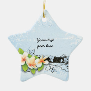Vintage Plumeria und Efeu blaues Grunge-Ornament Keramikornament
