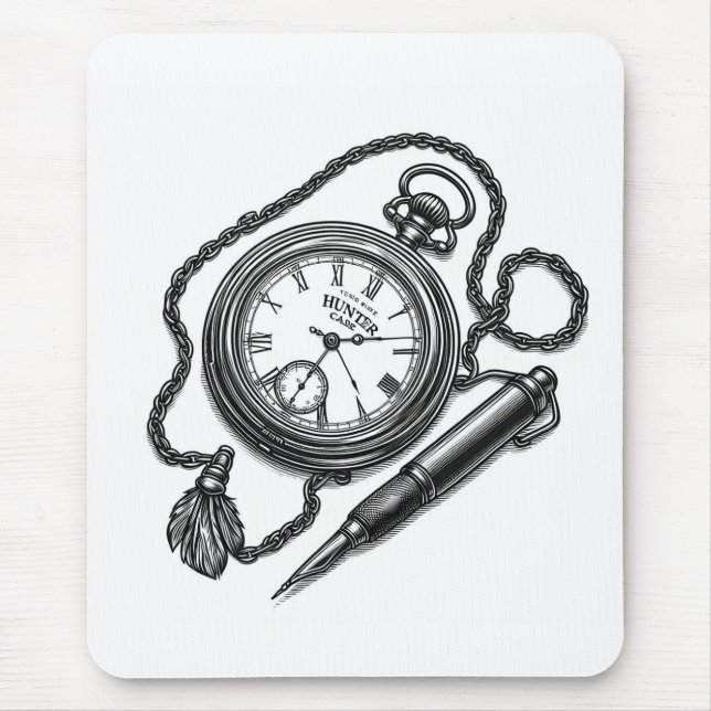 Vintage Pocket Watch & Pen Sketch Kunst Mousepad (Vorne)