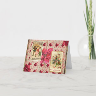 Vintage Poinsettia bei Vögeln und Kindern Feiertagskarte