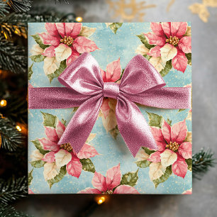 Vintage Poinsettia Blume in Pink Blue Weihnachten Geschenkpapier